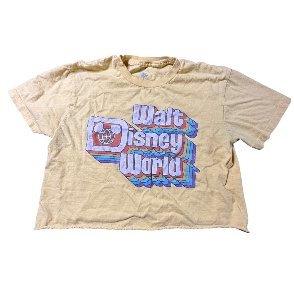 Walt Disney World Retro Rainbow Logo Cropped Tee Mustard Yellow Small Cotton
